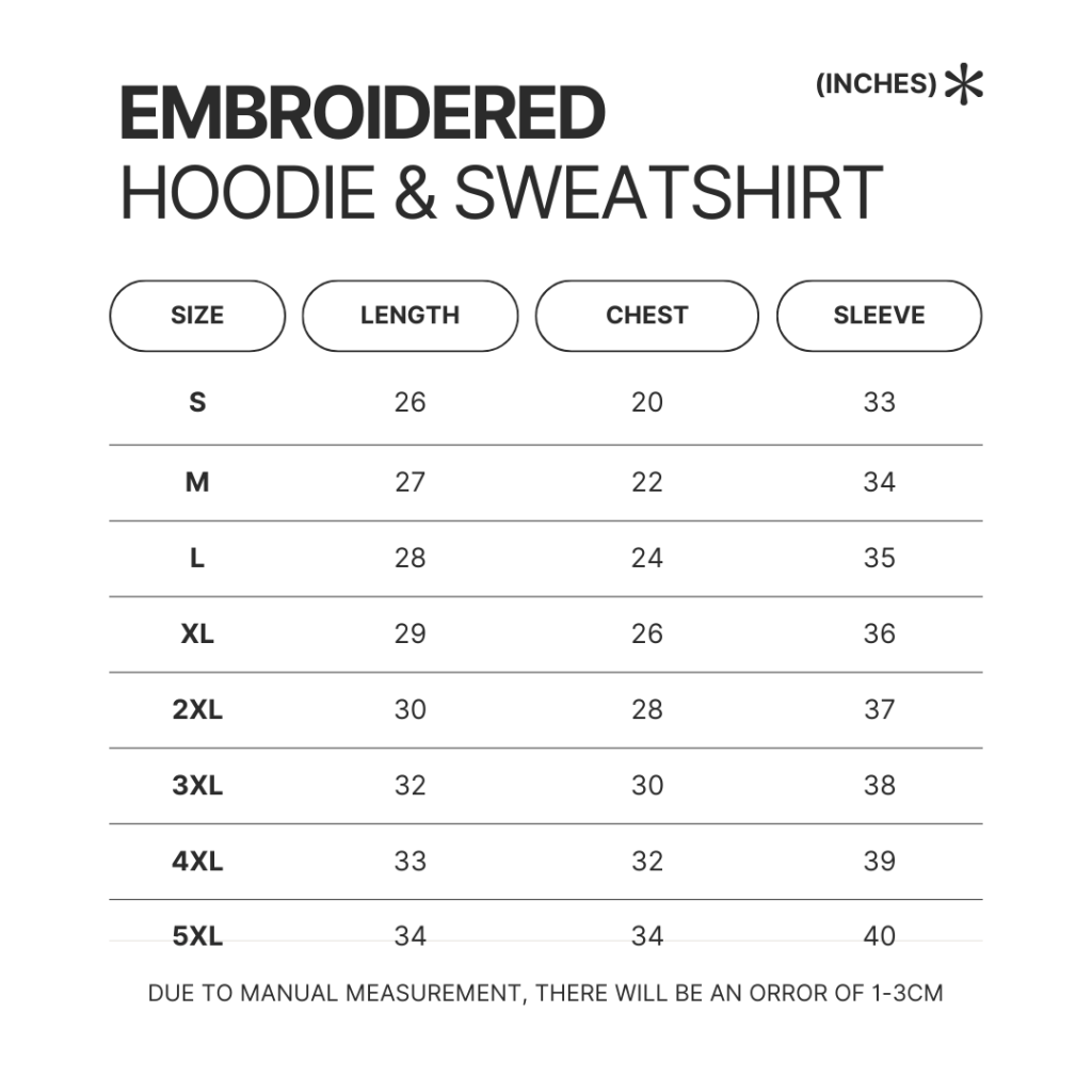 Embroidered Hoodie Sweatshirt Size Chart - Akatsuki Store